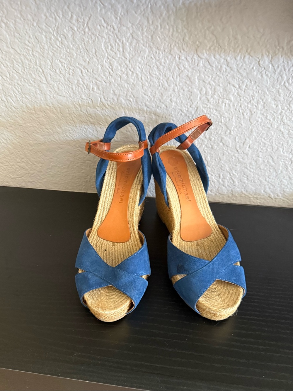 Eric Michael Blue Suede Wedge Sandals with Brown Ankle Strap